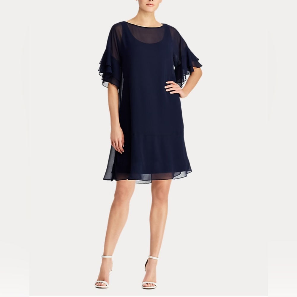 Ralph Lauren Georgette Kiralyn Elbow Sleeve dress in navy color